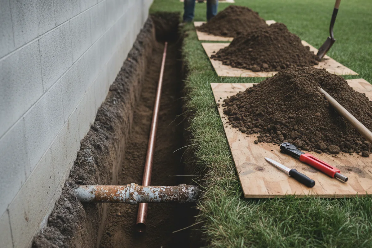Excavated water line trench during Water Softener Installation in Bowlus